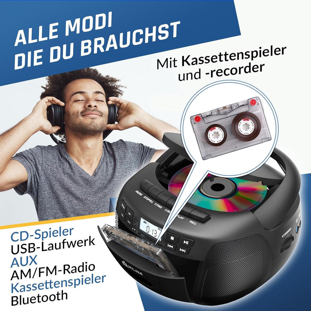 KLIM CD Player mit Kassette mit USB, Kassettenspieler, Kassettenrekorder, Radio mit CD und Kassette,