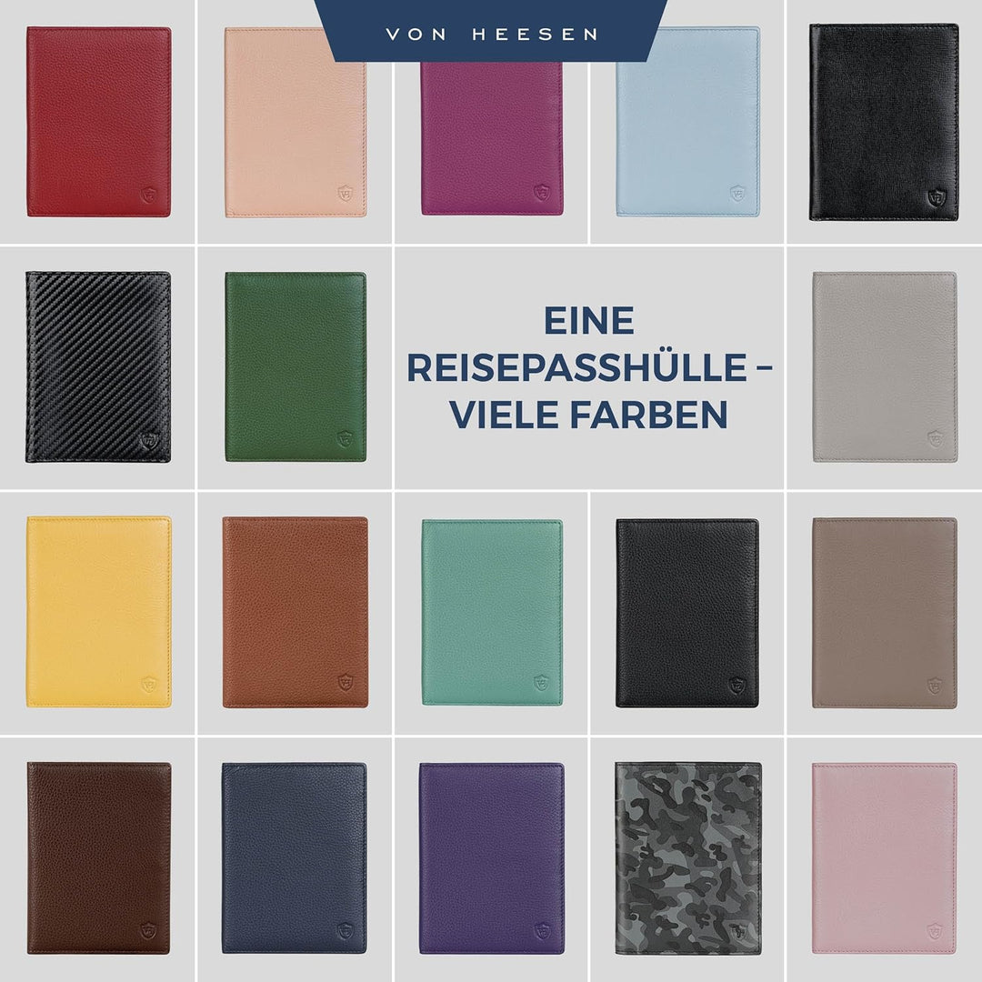 VON HEESEN® Reisepasshülle Leder Etui mit RFID-Schutz - Passhülle Passport Reisepass Mappe Hülle Org