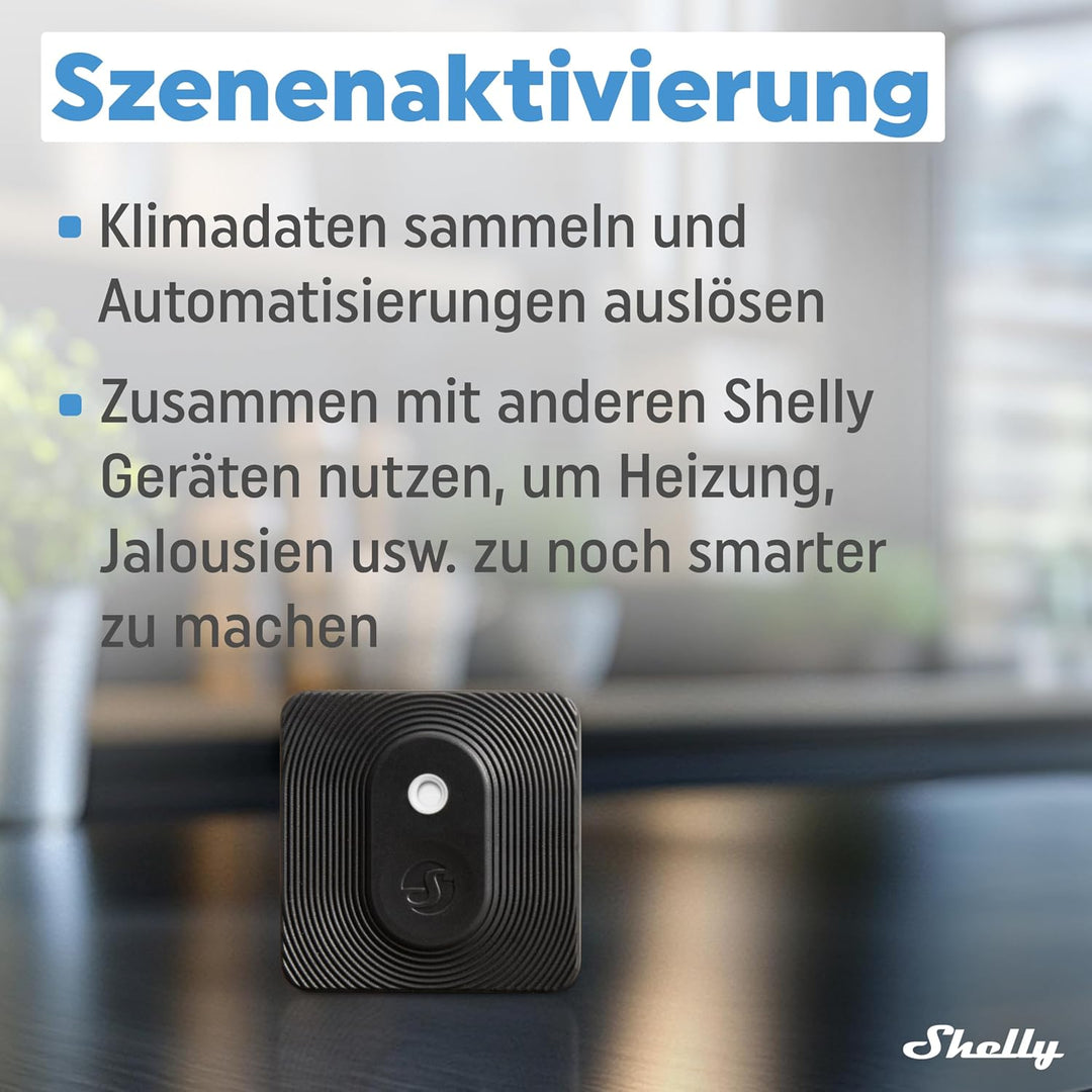Shelly Blu H&T Schwarz | Bluetooth-gesteuerter Temperatur- und Luftfeuchtigkeitssensor | Spritzwasse