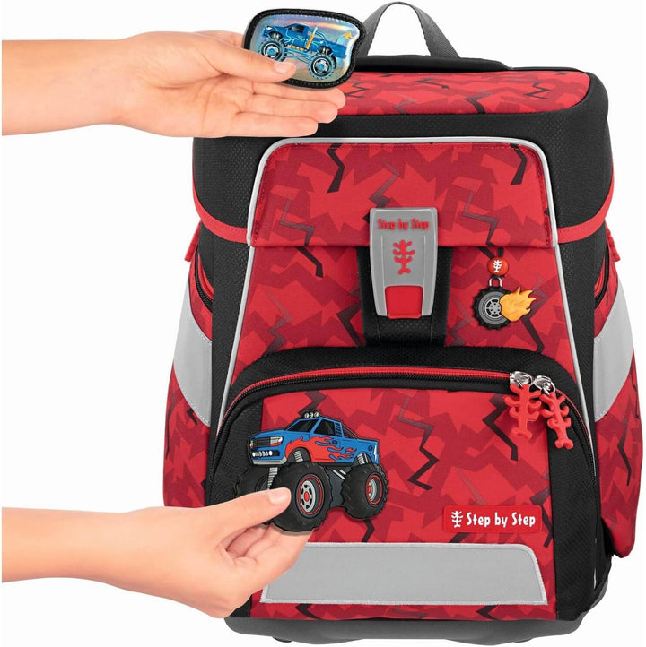 Step by Step Schulranzen-Set Space Monster Truck Rocky, 5-teilig, rot-blau, Auto-Design, ergonomisch