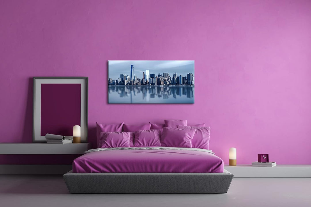 Küste von New York Panorama 120x60 cm als Leinwandbild, Motiv fertig gerahmt auf Echtholzrahmen, Hoc