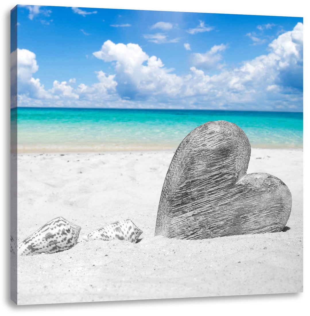 Pixxprint Weisser Sandstrand mit Muscheln Schwarz/Weiss, Format: 70x70 auf Leinwand, 70x70