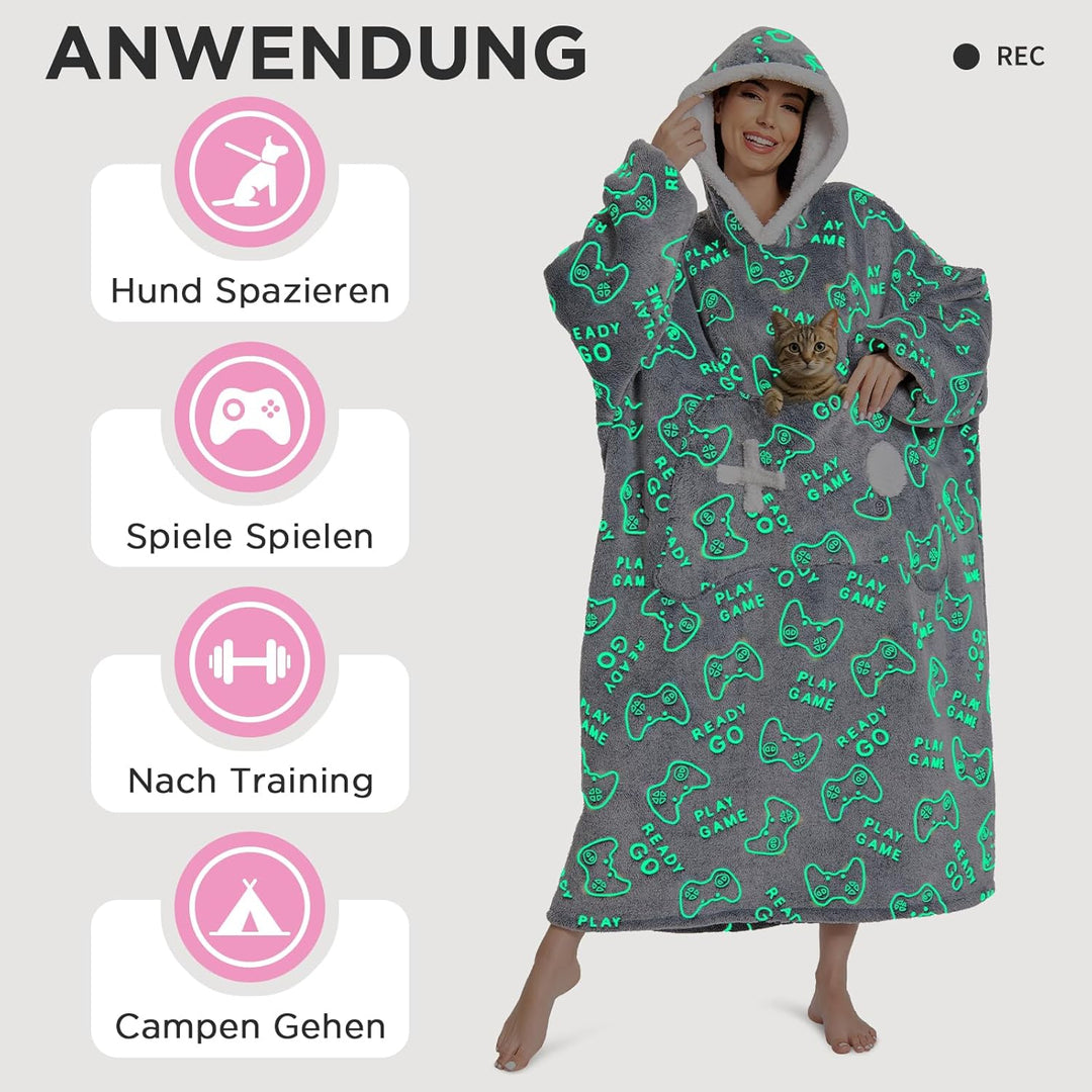 OLAOLA Decken Hoodie, Übergrosse Tragbare Decke Leuchtet im Dunkeln, Weicher Plüsch Kapuzenpullover