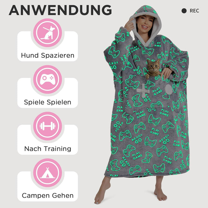 OLAOLA Decken Hoodie, Übergrosse Tragbare Decke Leuchtet im Dunkeln, Weicher Plüsch Kapuzenpullover