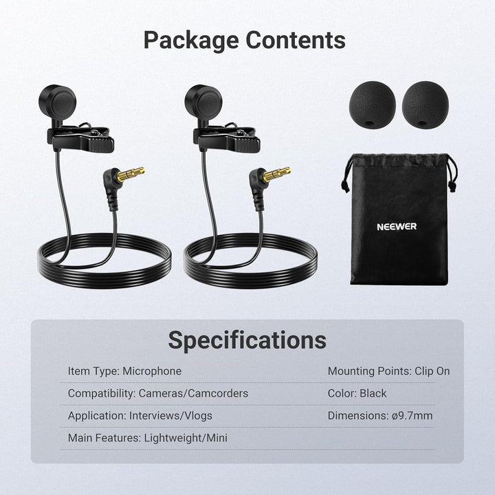 NEEWER Lavalier Mikrofon ø9,7mm (2er Pack), 3,5mm TRS Wired Ansteckmikrofon, omnidirektionales Konde