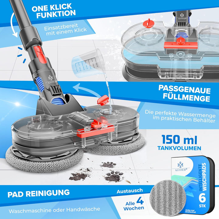 KESSER® Wischaufsatz für Dyson V7/V8/V10/V11/V15 Staubsauger Zubehör Aufsätze | Wischmopp mit Wasser