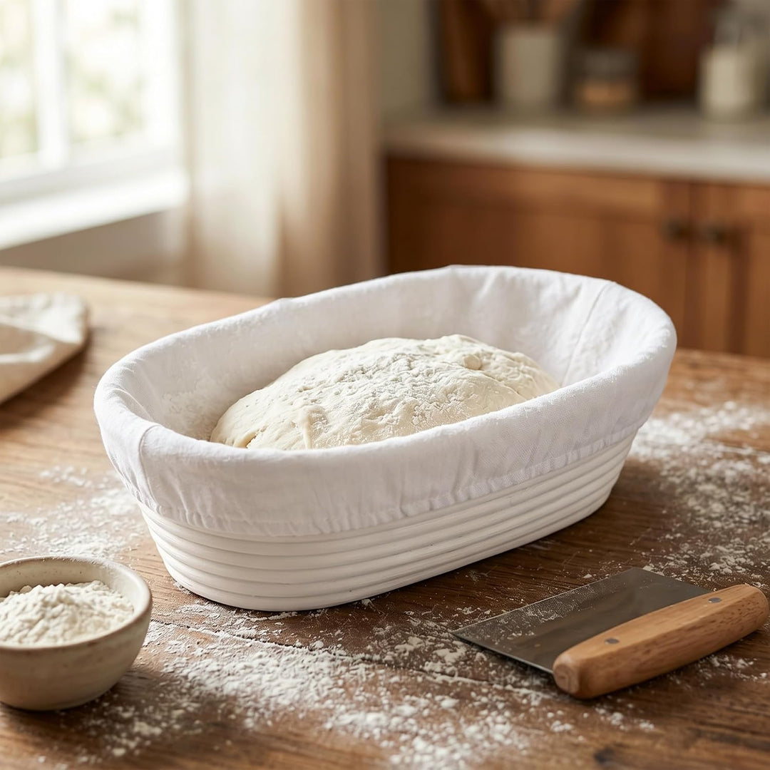 SINJEUN 2er Set Gärkorb Oval 30 cm und 35 cm, Rattan Brotkorb mit Leinentuch für Brot Backen, Küche,