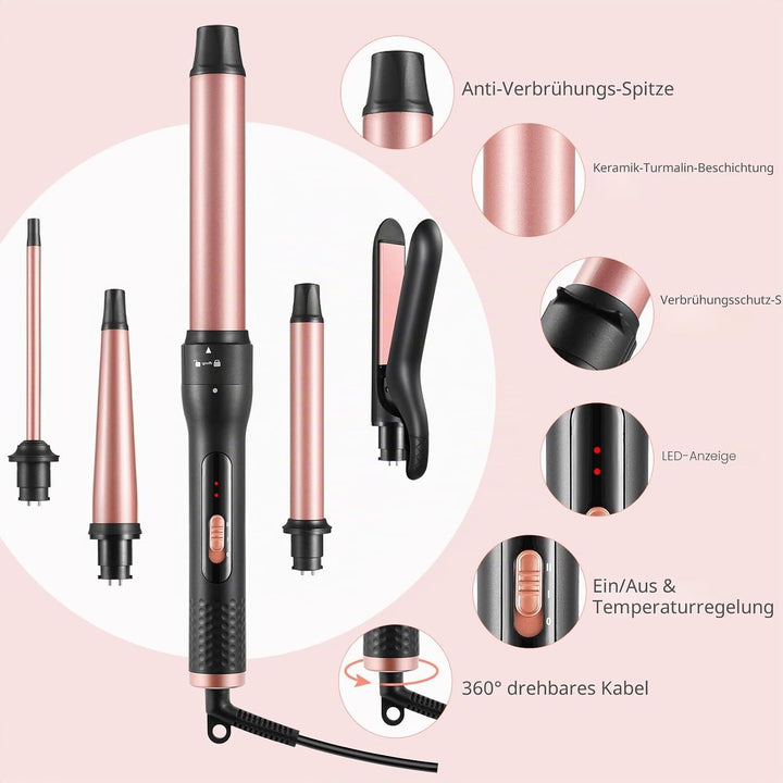 5 in 1 Lockenstäbe mit Glätteisen, Lockenstab mit verschiedenen Aufsätzen für Grosse und Kleine Lock