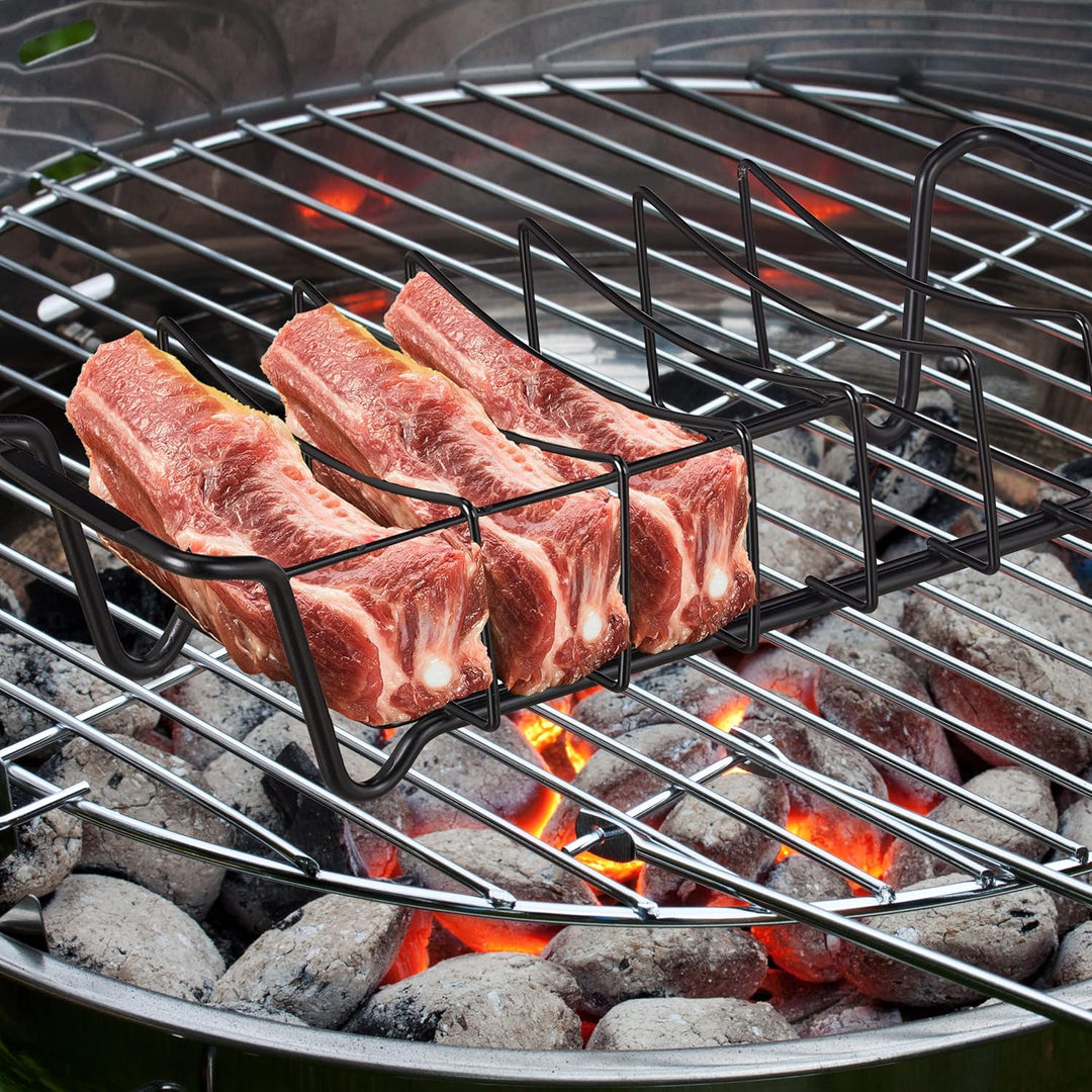 Relaxdays Rippchenhalter, Bratenkorb für den Grill, Carbonstahl, beidseitig, Grillfleischhalter für