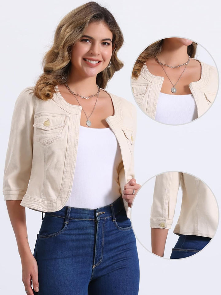 Allegra K Damen Jeansjacke 3/4 Ärmel Open Front Kragenlos Jacke mit Taschen XS Creme, XS Creme