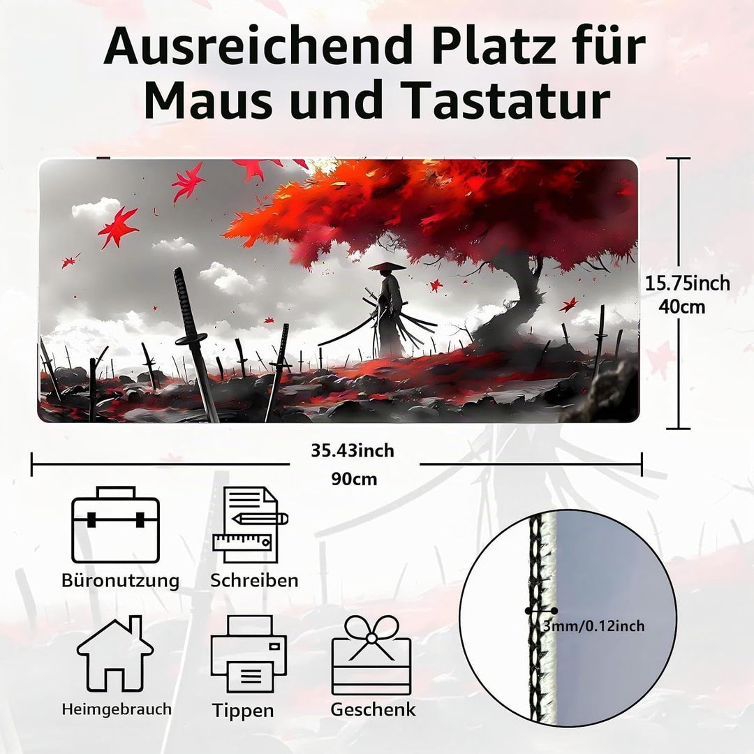 Japanisches XXL Gaming-Mauspad 900x400x3mm – Vernähte Kanten, rutschfest &amp; wasserdicht – Schreibtisc