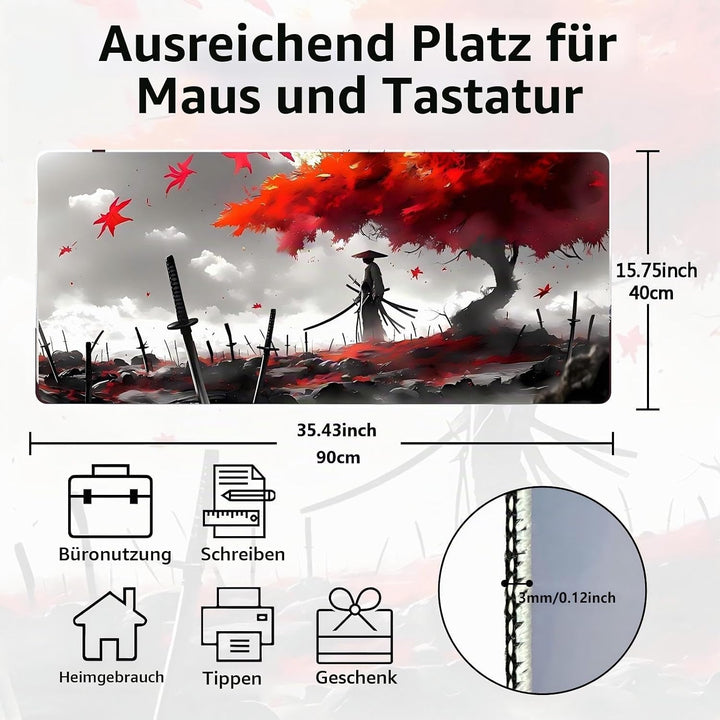 Japanisches XXL Gaming-Mauspad 900x400x3mm – Vernähte Kanten, rutschfest &amp; wasserdicht – Schreibtisc