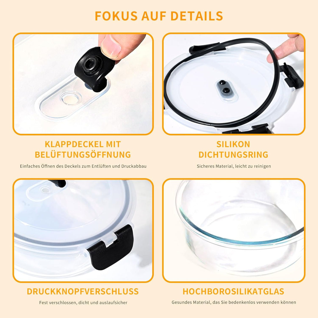 1300ml Frischhaltedosen Glas mit Deckel 4er, Rund Meal Prep Boxen Glas mit Deckel, Versiegelter Glas