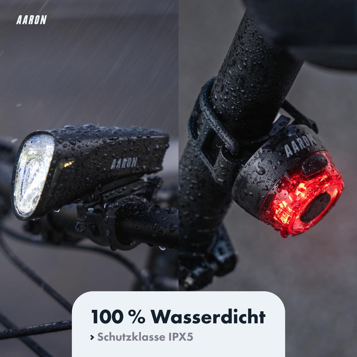AARON 100 LUX Fahrradlichter Set (9h Leuchtdauer), StVZO zugelassen, 2000 mAh Akku Fahrrad Licht Set