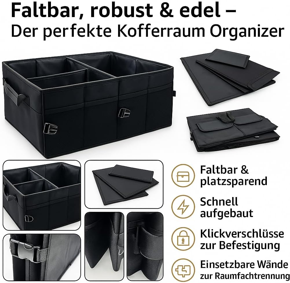 Kofferraum Organizer mit Deckel – grosse Auto Aufbewahrungsbox faltbar mit Fächern & Seitentaschen –