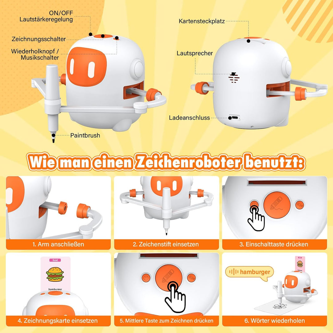 Zeichenroboter für Kinder mit 100 Karten und 12 Stiften, Sprechender Malroboter mit Sprachsteuerung,