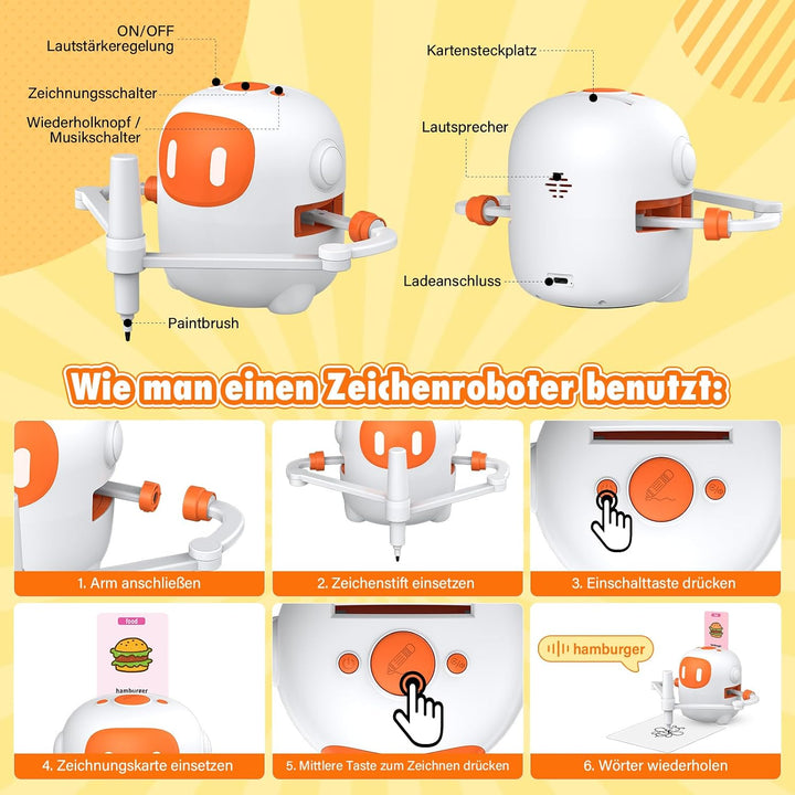 Zeichenroboter für Kinder mit 100 Karten und 12 Stiften, Sprechender Malroboter mit Sprachsteuerung,