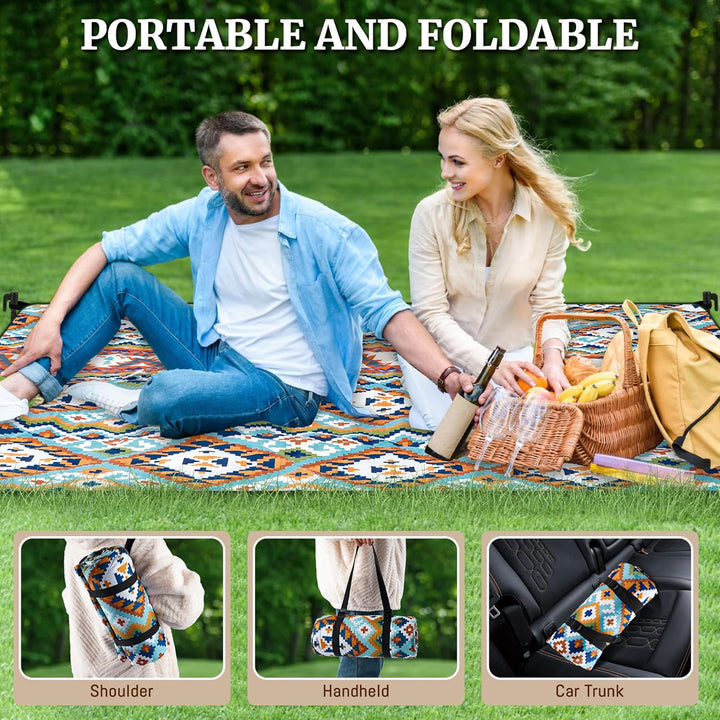 Gucass Boho Picknickdecke 200x200cm, Wasserdicht Stranddecke Sandfrei Strandmatte mit Tragegurt & 4X