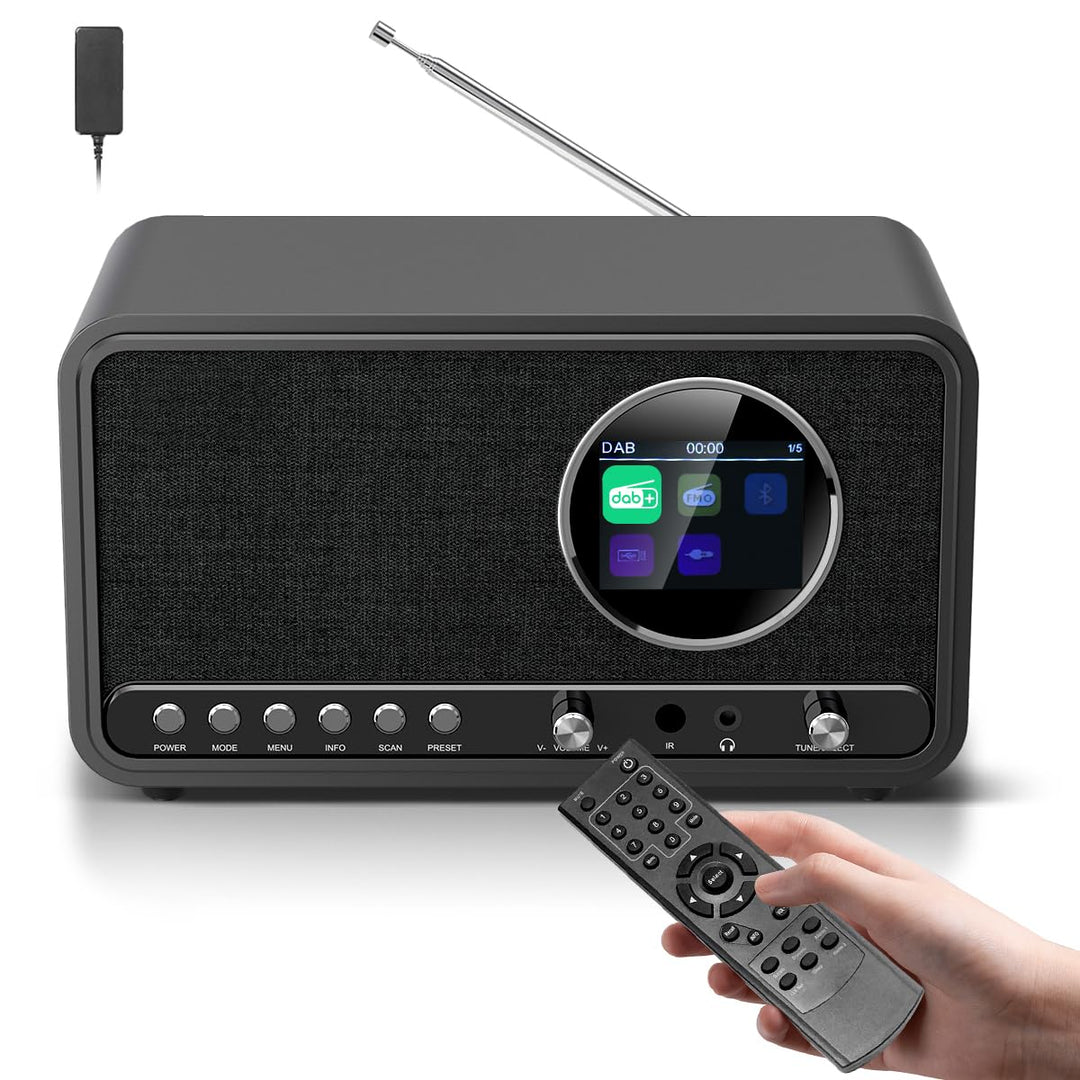 DAB DAB+ / FM Radio mit Fernbedienung, Bluetooth, 5W HiFi Lautsprecher, Kopfhöreranschluss, USB, AUX