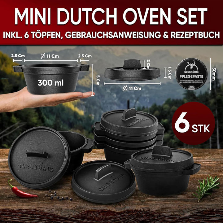 Dutch Oven Set Mini –6x 300 ml Gusseisen Mini Topf mit Deckel–bereits eingebrannter Mini Dutch Oven–