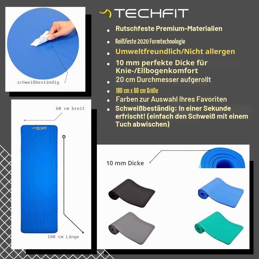 TechFit Yogamatte Rutschfest für das Fitnessstudio zu Hause - Pilates Matte für das Heimtraining, Yo