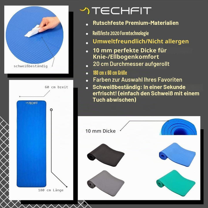 TechFit Yogamatte Rutschfest für das Fitnessstudio zu Hause - Pilates Matte für das Heimtraining, Yo
