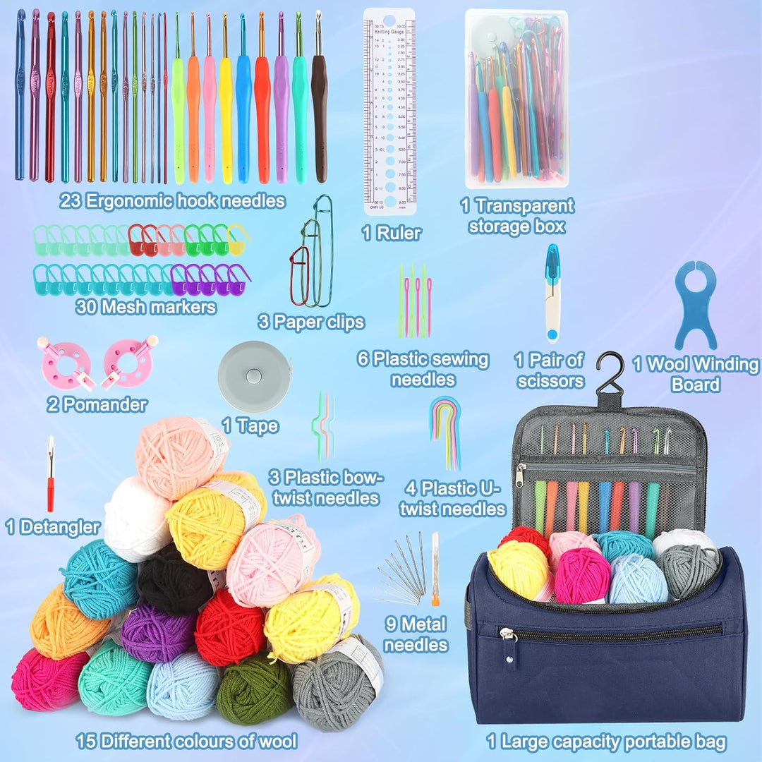 BBWELL Häkelset für Anfänger,Tragbar Häkelnadel mit 15 Wolle,Häkelwolle Set,Stricken für Anfänger Se