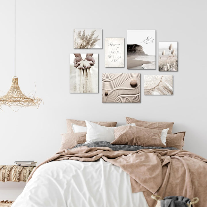 Novart Wandbilder Strand Boho - KOMPLETT AUFHÄNGFERTIG - Beige Wohnzimmer Schlafzimmer- 7 Moderne Mo