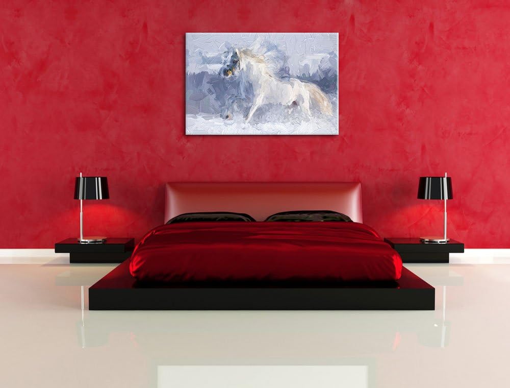 Pixxprint Weisses Pferd auf Schneewiese als Leinwandbild/Grösse: 100x70 cm/Wandbild/Kunstdruck/ferti