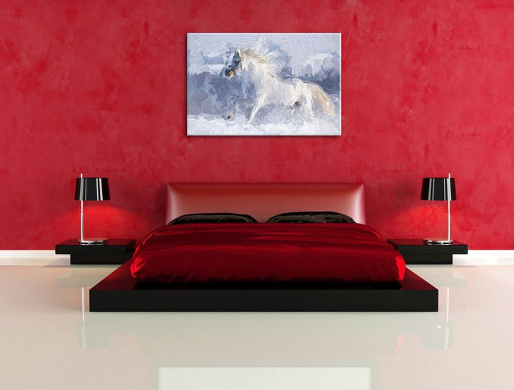 Pixxprint Weisses Pferd auf Schneewiese als Leinwandbild/Grösse: 100x70 cm/Wandbild/Kunstdruck/ferti