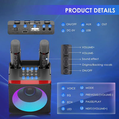 MusyVocay Karaoke-System, Mini-Bluetooth-Lautsprechersystem mit 2 Mini-Mikrofonen, tragbarer Sound-L
