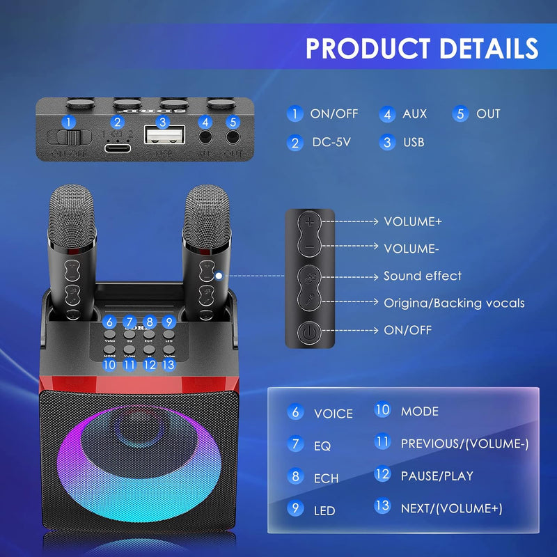 MusyVocay Karaoke-System, Mini-Bluetooth-Lautsprechersystem mit 2 Mini-Mikrofonen, tragbarer Sound-L