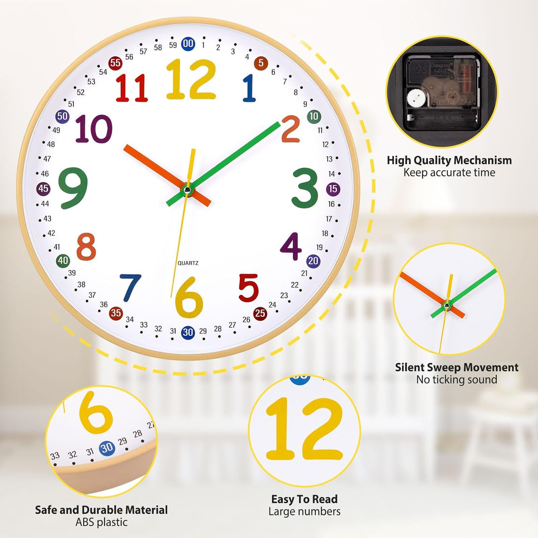 ACCSHINE Kinder Wanduhr ohne Tickgeräusche Lernuhr 30cm Bunt Zahlen Modern Quartz Lautlos Wanduhren