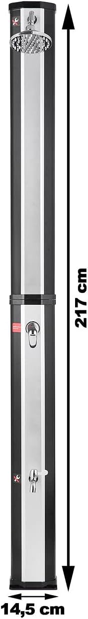 Strattore Solardusche für Garten in Silber-schwarz, 35 Liter, 216cm, warmes Wasser bis 60°C, Fussdus