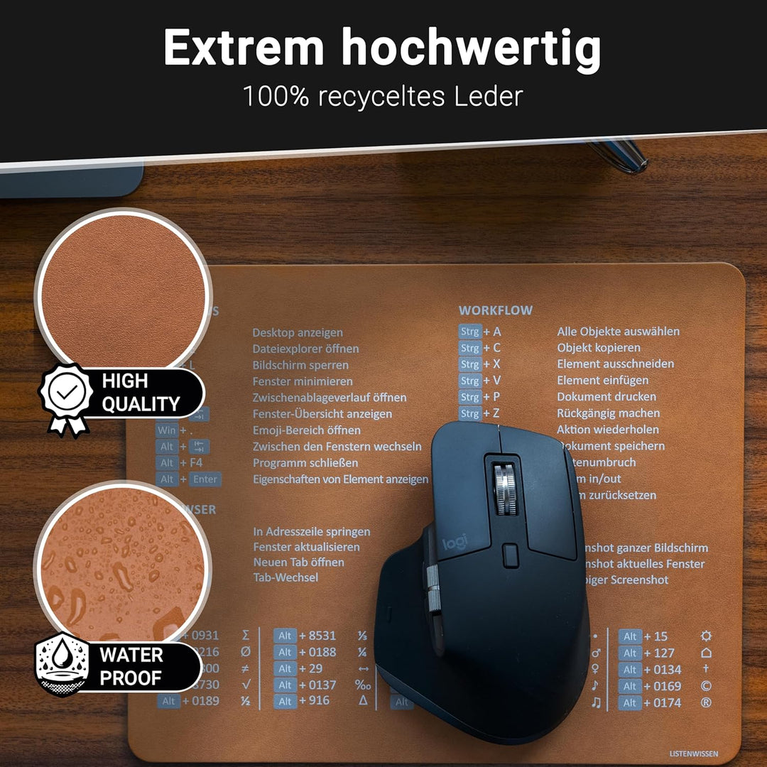 Mauspad mit Shortcuts (echtes Leder, recycelt) – antirutsch & deutsch für Windows I nachhaltig I Tas
