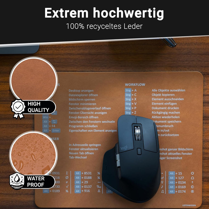 Mauspad mit Shortcuts (echtes Leder, recycelt) – antirutsch & deutsch für Windows I nachhaltig I Tas