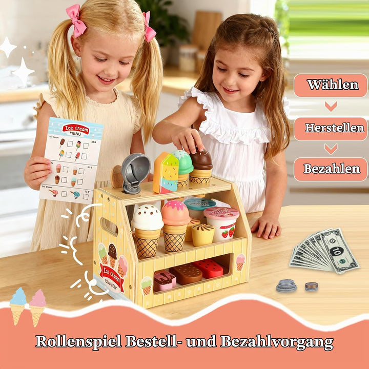 Eisdiele Kinder Holz, Eisladen Kinder Holz mit Eisstand, Langlebiges EIS Spielzeug für Kinder, Kinde