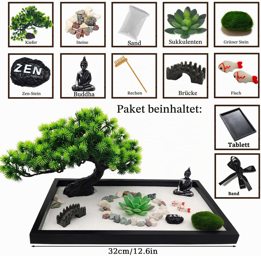 LuXianYS Zen Garten Set, 12x8 Zoll Zen Steine Garden für den Schreibtisch, Premium Japanisches Zen S