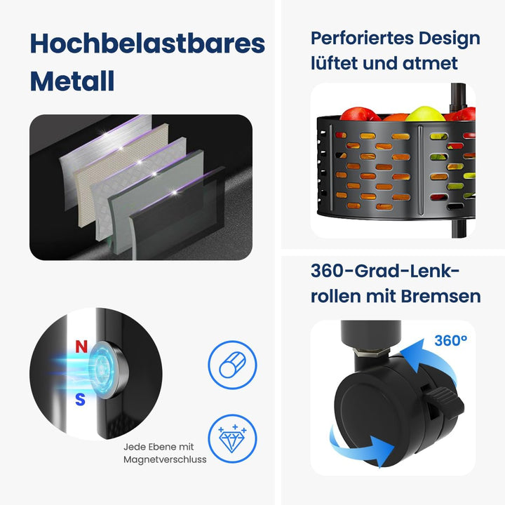 Heikoeco® Servierwagen, Küchenwagen, drehbarer Servierwagen mit Rollen aus extra Dicker Stahl, platz