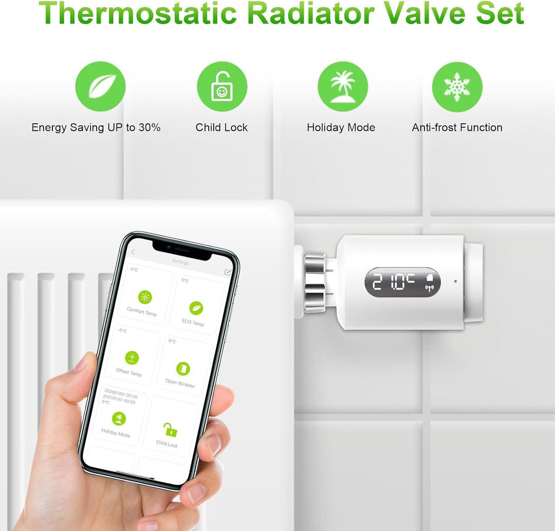 Smart Heizkörperthermostat mit APP ANTELA Digitales Display zur Kontrolle der Heiztemperatur, Kompat