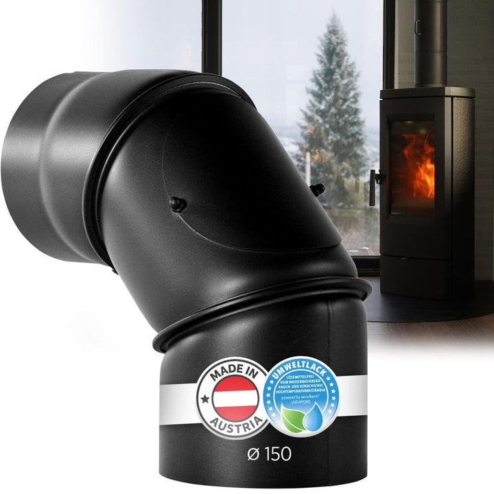 BERTRAMS Ofenrohr 150mm Ø Bogen mit Tür Schwarz | Stahlrohr mit 0-90° Winkel | Feuerrohr aus Stahlbl