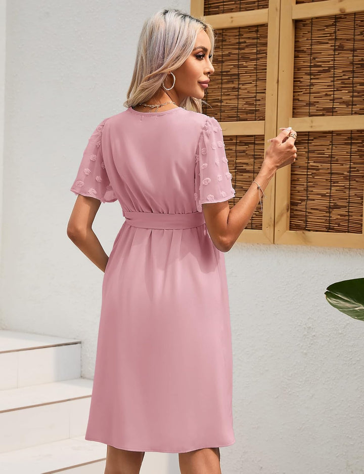 KOJOOIN Damen Umstandskleid Tüll Kurzarm Stillkleid Swiss Dot V-Ausschnitt Schwangere Kleider Mutter
