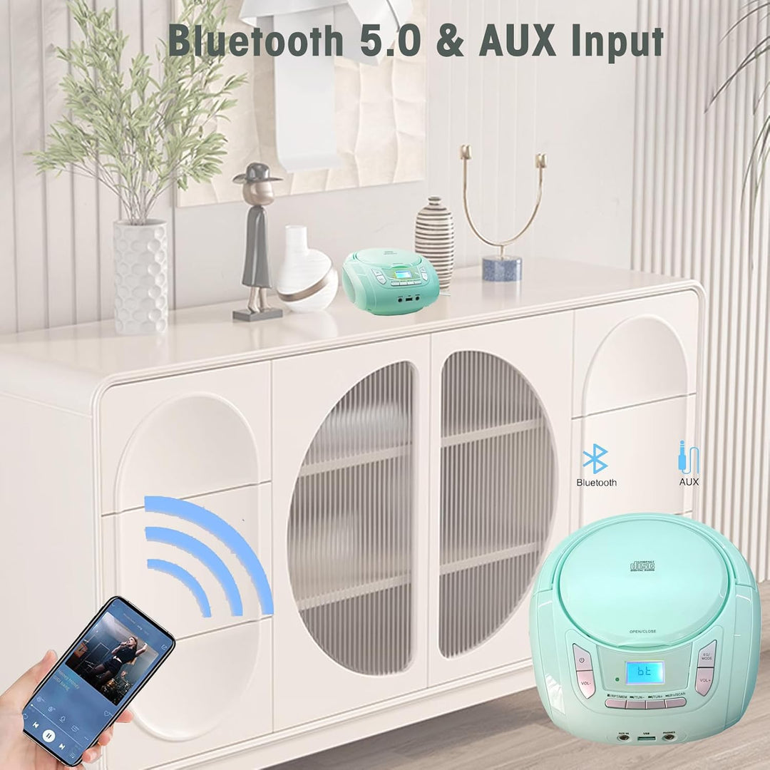 Tragbarer CD-Player für Kinder - Radio-CD-Boombox mit Bluetooth, FM-Radio, USB-Eingang & AUX-Anschlu