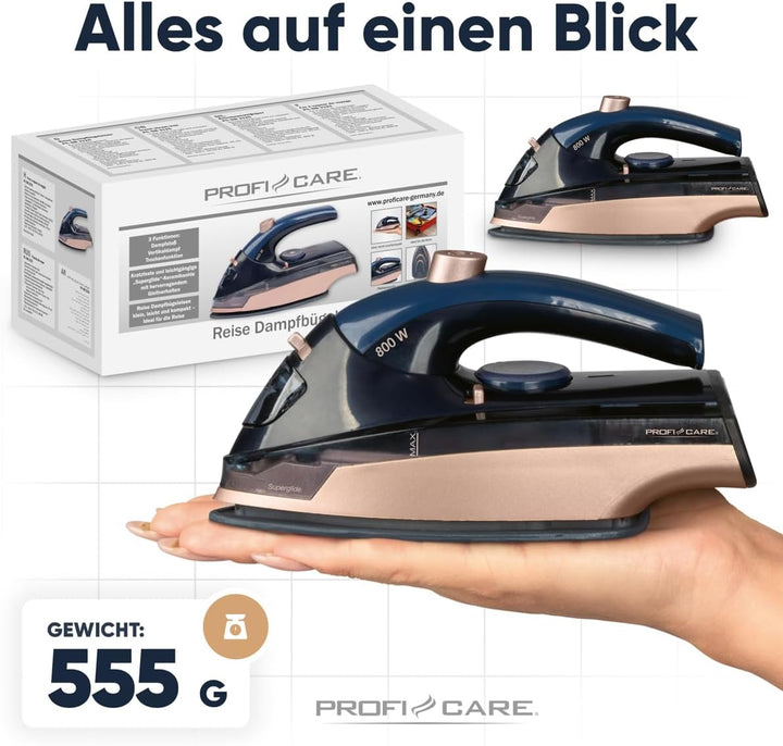 ProfiCare® Reisebügeleisen | Mini Bügeleisen mit klappbarem Griff | 800W | Keramiksohle | 40ml Wasse