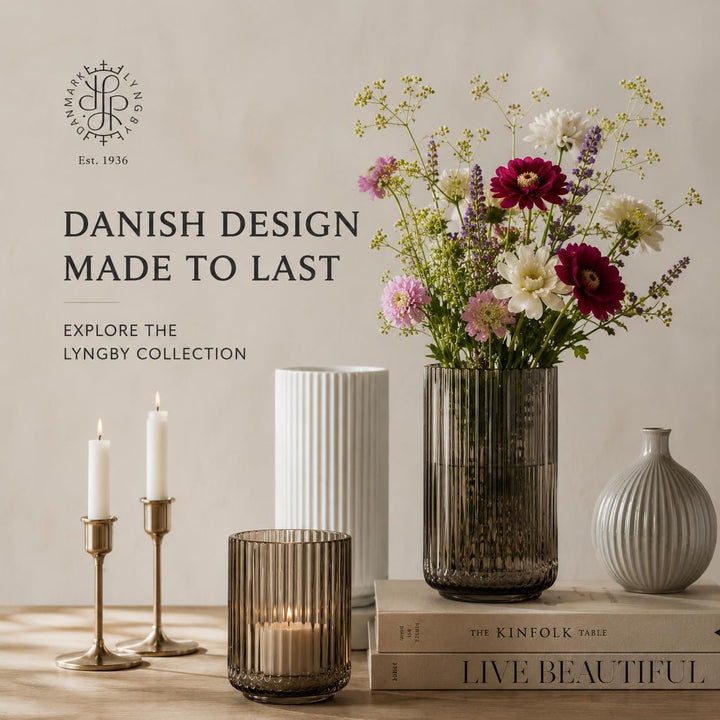 Lyngbyvase aus Porzellan, hohe Vase mit Rillen, Zylinder Blumentopf in Smoke, 20.5cm