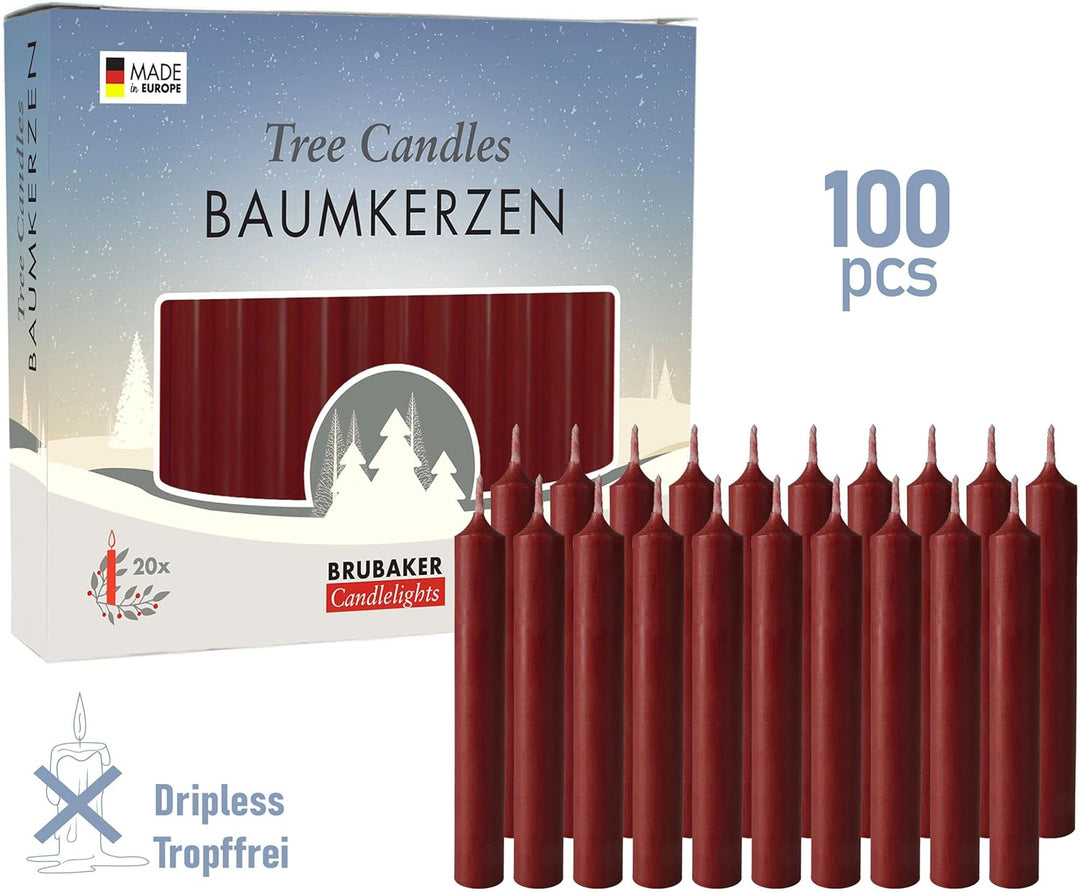 BRUBAKER 100er Pack Baumkerzen Wachs - Weihnachtskerzen Pyramidenkerzen Christbaumkerzen - Dunkelrot