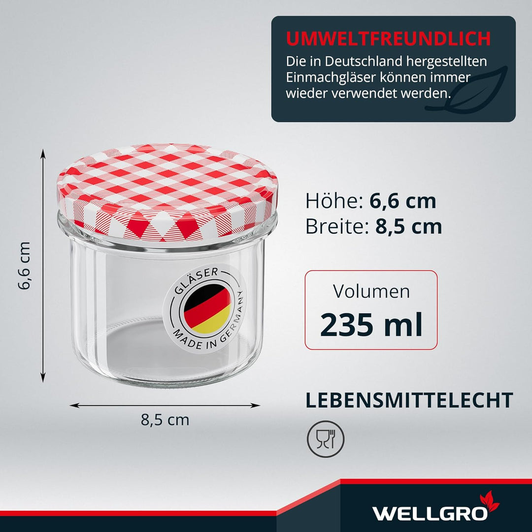 WELLGRO 25x Einmachgläser mit Schraubdeckel - 235ml - Deckel To 82 rot kariert - Made in Germany - V
