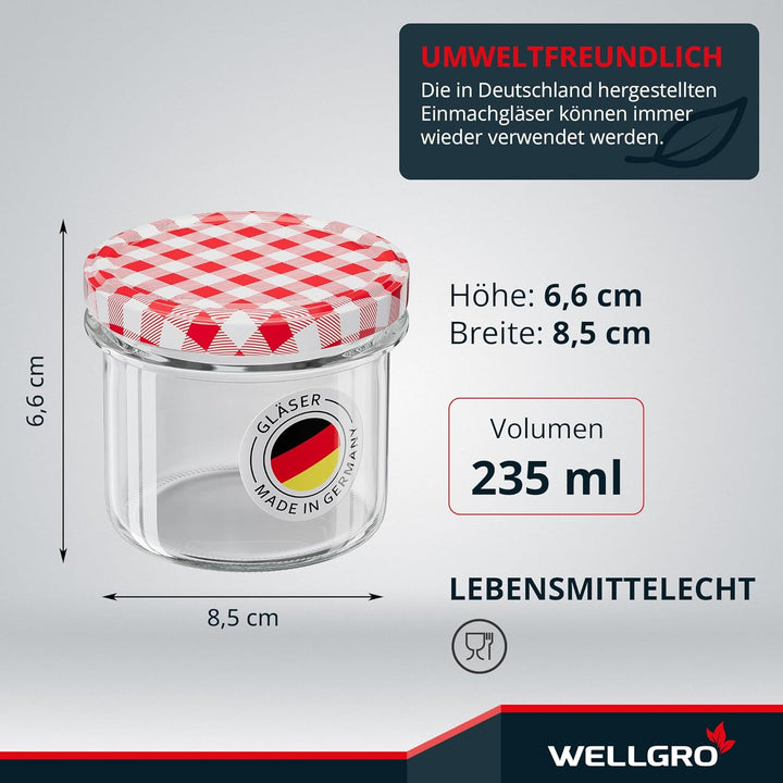 WELLGRO 25x Einmachgläser mit Schraubdeckel - 235ml - Deckel To 82 rot kariert - Made in Germany - V