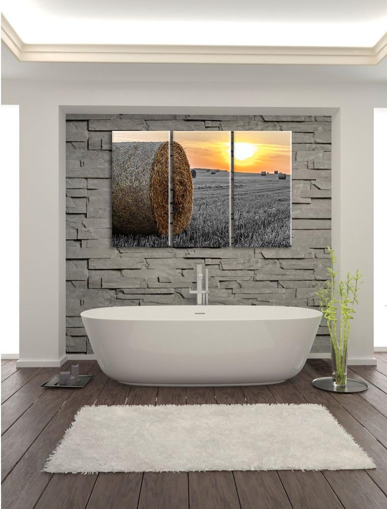Pixxprint Strohballen auf Feld als Leinwandbild/Grösse: 3 Teilig (120x80) cm/Wandbild/Kunstdruck/fer