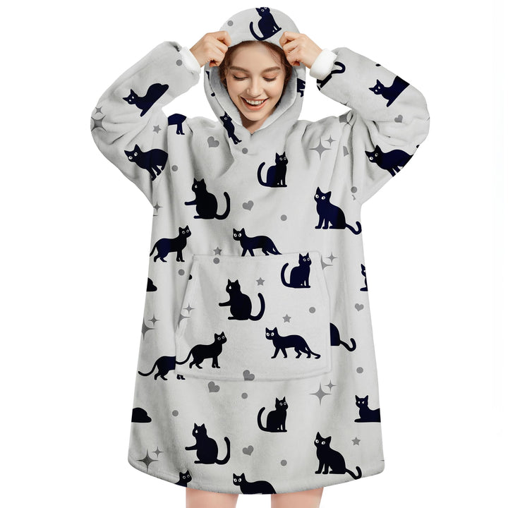 Hoodie Decke Oversize Katze Grau mit Ärmeln Kuscheldecke Deckenpullover für Damen Herren, Tragbare D